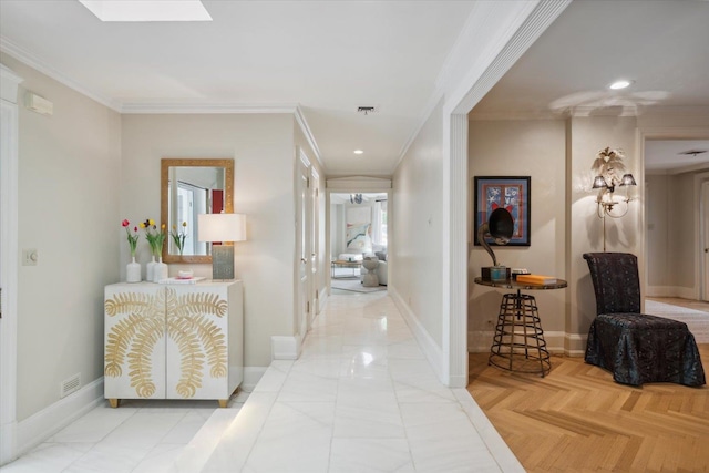 corridor with ornamental molding and light parquet flooring