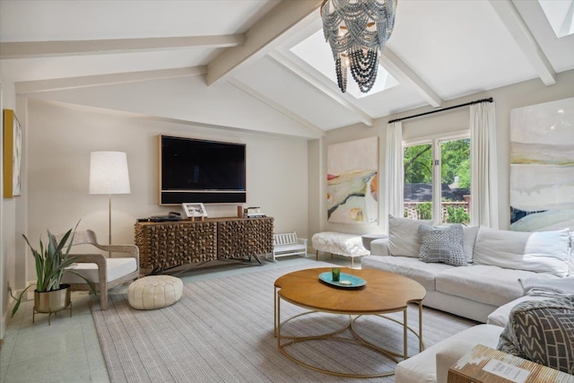 living room featuring vaulted ceiling with beams and a notable chandelier