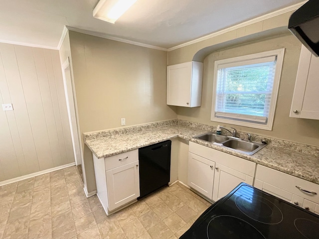 kitchen with black dishwasher, white cabinetry, crown molding, and sink