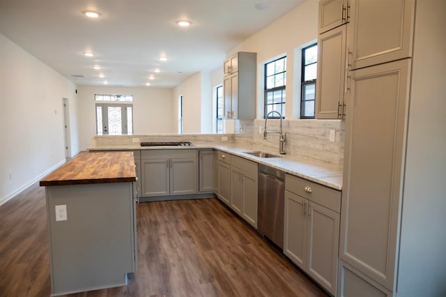 kitchen featuring wooden counters, sink, gray cabinets, kitchen peninsula, and stainless steel appliances