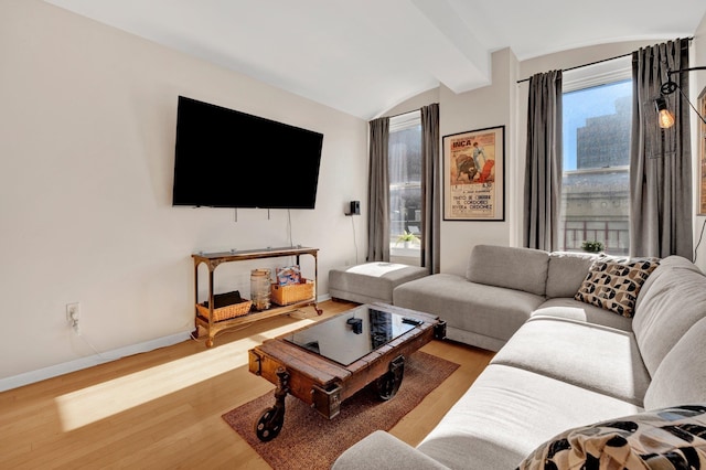 living room with light hardwood / wood-style floors and vaulted ceiling