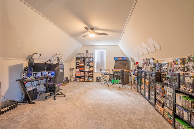 carpeted office featuring ceiling fan and lofted ceiling