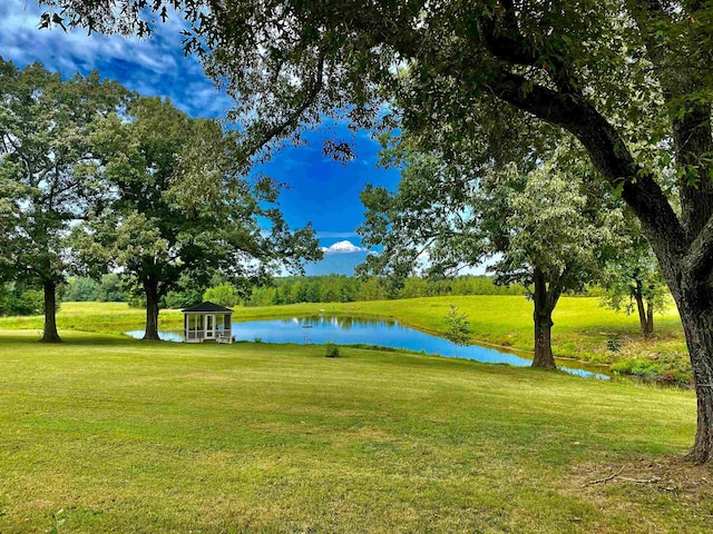 view of community featuring a water view and a lawn