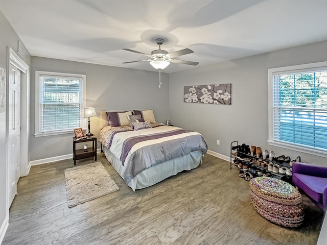 bedroom with multiple windows, ceiling fan, and wood-type flooring