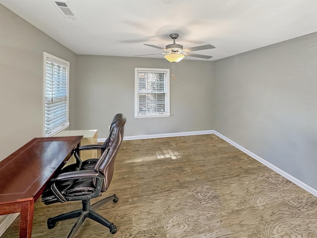 office featuring ceiling fan and wood-type flooring