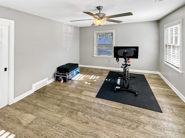 exercise area with hardwood / wood-style flooring and ceiling fan