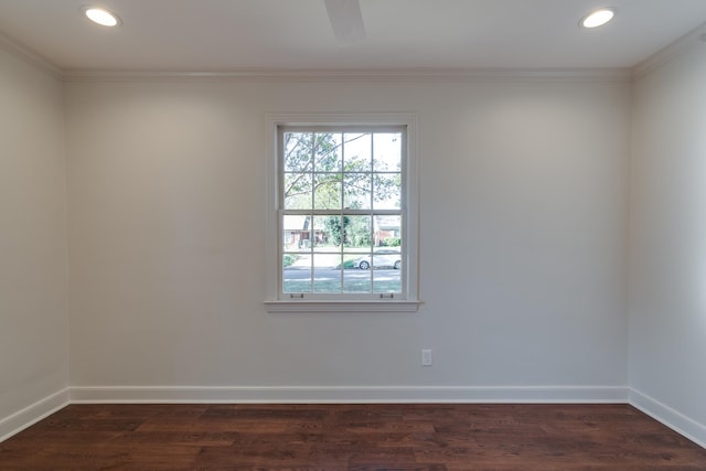 empty room featuring crown molding and dark hardwood / wood-style floors