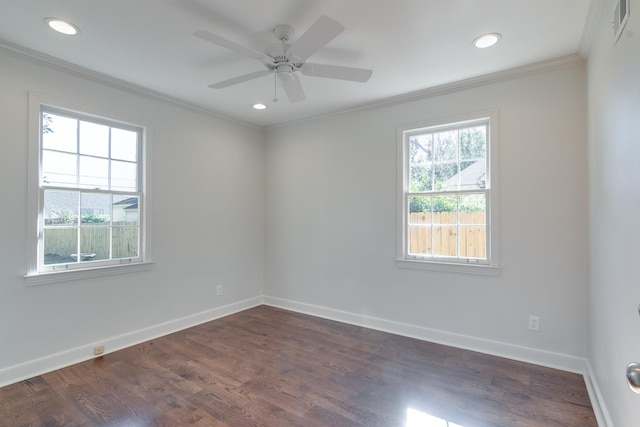 unfurnished room featuring crown molding, ceiling fan, and dark wood-type flooring