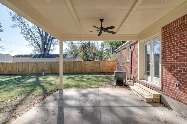 view of patio / terrace with ceiling fan and central air condition unit