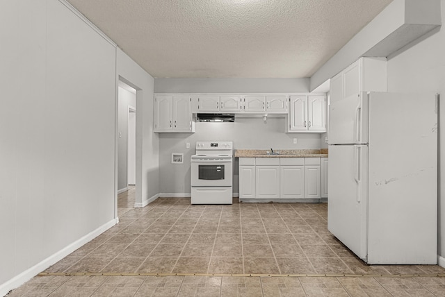 kitchen with white appliances, exhaust hood, sink, a textured ceiling, and white cabinetry