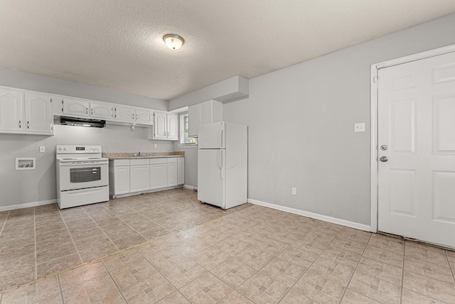 kitchen with white cabinetry, sink, extractor fan, a textured ceiling, and white appliances