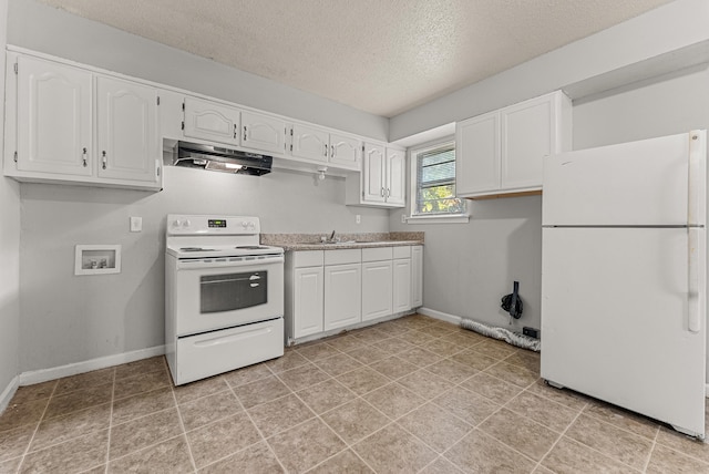 kitchen featuring a textured ceiling, white appliances, white cabinetry, and sink