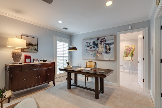 carpeted office space featuring ornamental molding