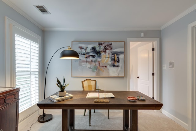 carpeted office with crown molding