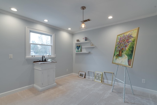 miscellaneous room featuring light carpet, crown molding, and sink