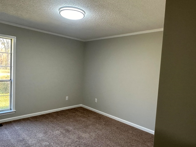 unfurnished room with plenty of natural light, carpet floors, a textured ceiling, and ornamental molding