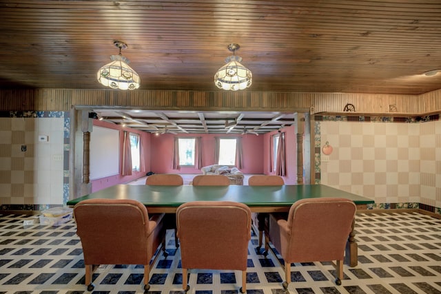 dining area with wooden ceiling