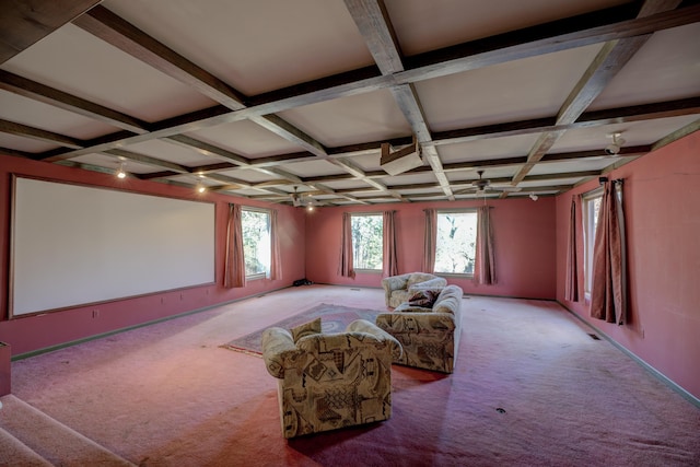 unfurnished room featuring beamed ceiling, light carpet, and coffered ceiling