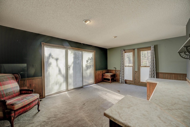 living area featuring wood walls, light carpet, and a textured ceiling