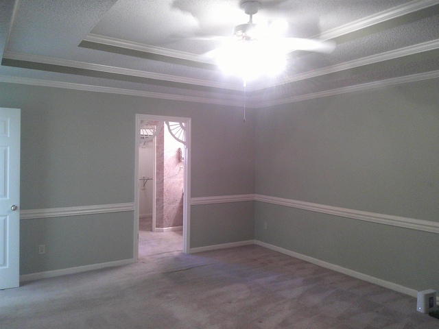 carpeted empty room with ceiling fan, a raised ceiling, and ornamental molding