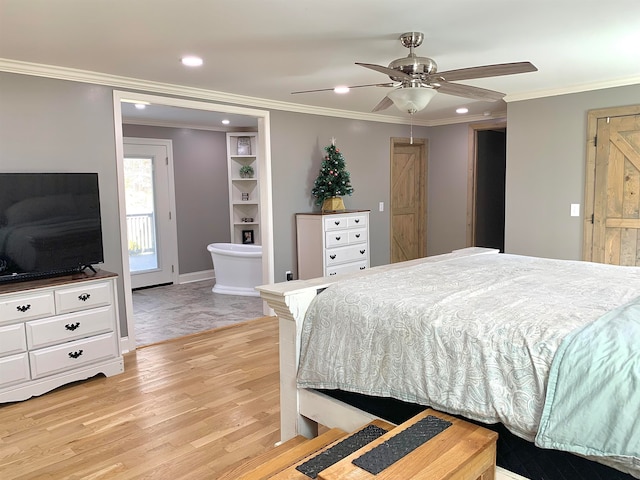 bedroom featuring access to exterior, light wood-type flooring, ceiling fan, and crown molding