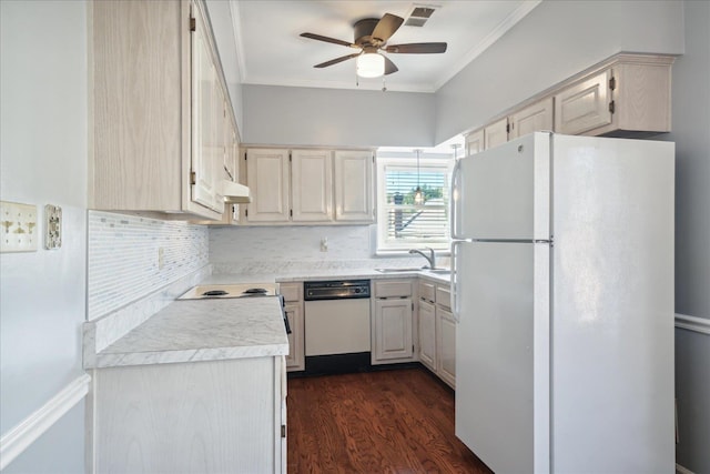 kitchen featuring decorative backsplash, ornamental molding, white appliances, ceiling fan, and dark wood-type flooring