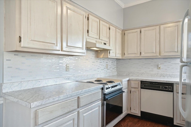 kitchen with decorative backsplash, crown molding, and white appliances