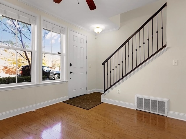 entryway with ceiling fan, dark hardwood / wood-style flooring, crown molding, and a wealth of natural light