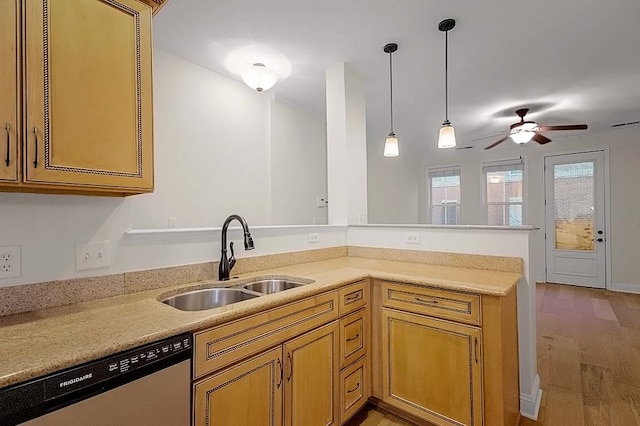 kitchen featuring kitchen peninsula, sink, stainless steel dishwasher, and light wood-type flooring