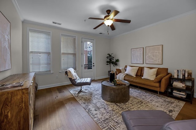 57 W Georgia Ave W Unit 102, Memphis, TN 38103 - living room featuring wood finished floors, ceiling fan, and crown molding