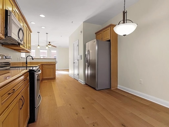 kitchen with appliances with stainless steel finishes, light hardwood / wood-style flooring, hanging light fixtures, and ceiling fan