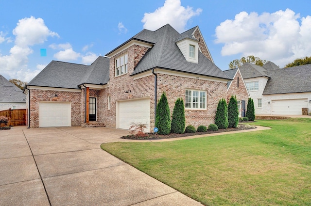 french provincial home featuring a front yard and a garage