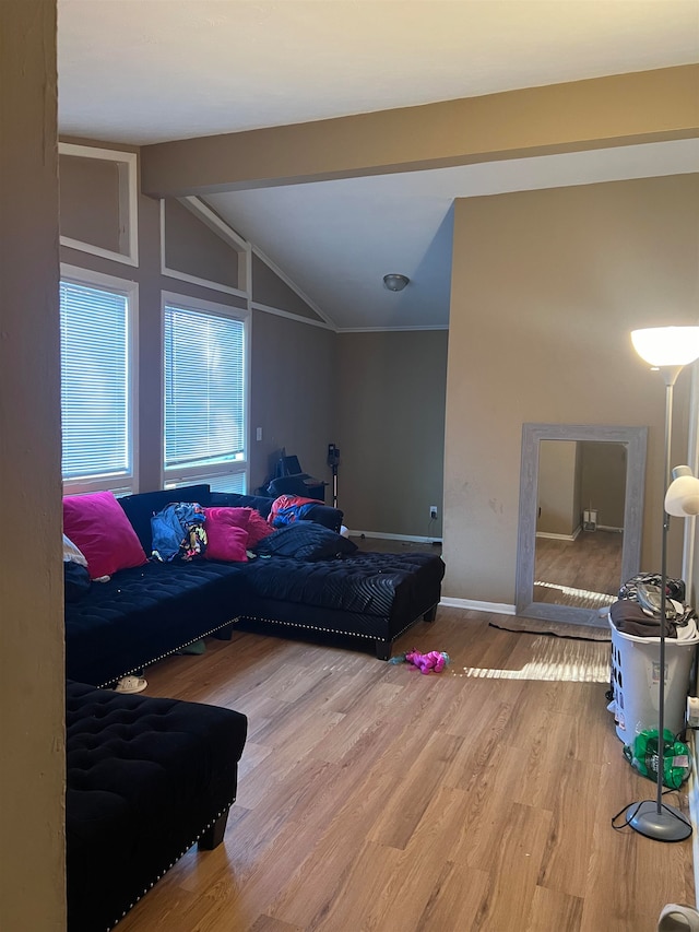 living room featuring hardwood / wood-style flooring and lofted ceiling with beams