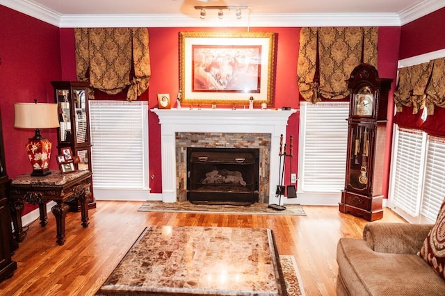 living room with ornamental molding and hardwood / wood-style flooring