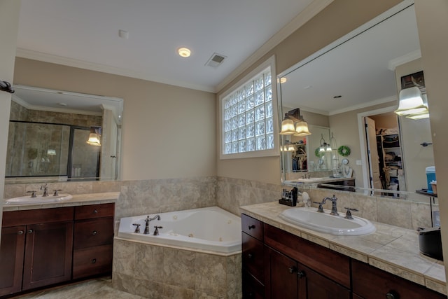 bathroom with vanity, crown molding, and walk in shower