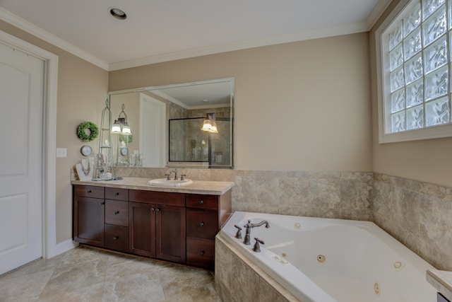 bathroom featuring tile patterned flooring, vanity, separate shower and tub, and ornamental molding