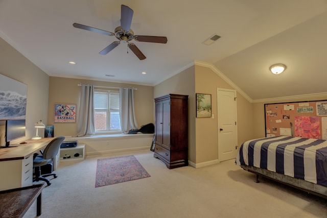 carpeted bedroom with ceiling fan, lofted ceiling, and ornamental molding