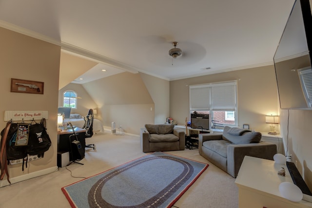 carpeted living room with a wealth of natural light, crown molding, ceiling fan, and lofted ceiling