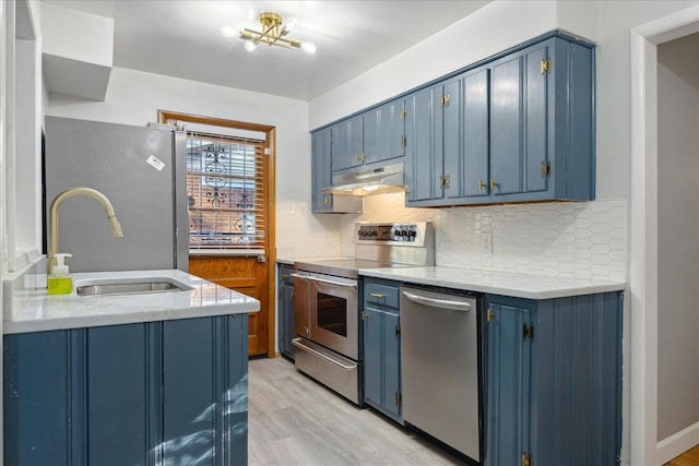 kitchen with appliances with stainless steel finishes, sink, backsplash, blue cabinetry, and light wood-type flooring