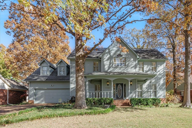 view of front of home featuring covered porch, a garage, and a front yard