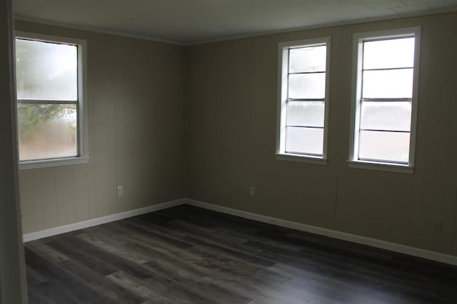 unfurnished room with ornamental molding and dark wood-type flooring