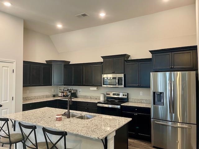 kitchen featuring appliances with stainless steel finishes, a kitchen island with sink, lofted ceiling, and sink