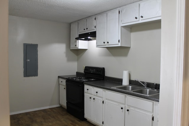 kitchen featuring electric panel, black range with electric stovetop, sink, dark hardwood / wood-style flooring, and white cabinetry