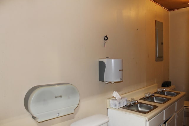 bathroom with toilet, sink, and electric panel