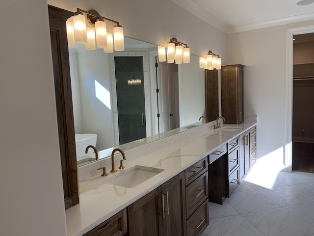 bathroom with vanity and crown molding