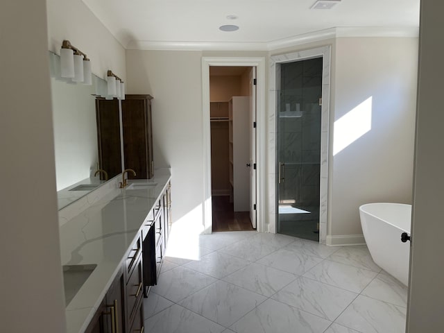 bathroom with crown molding, vanity, and independent shower and bath