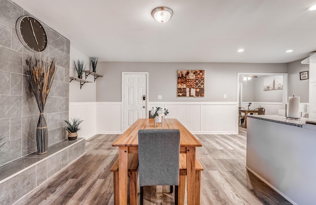 4493 Quince Rd, Memphis, TN 38117 - dining space featuring wood finished floors, a wainscoted wall, recessed lighting, and ceiling fan