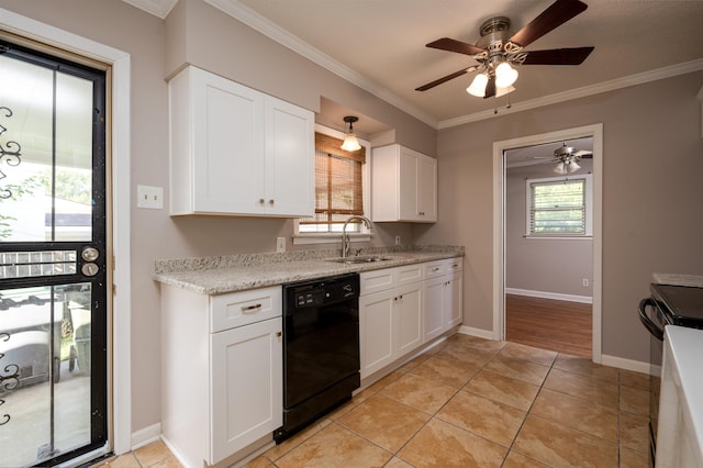 kitchen with dishwasher, plenty of natural light, white cabinetry, and sink