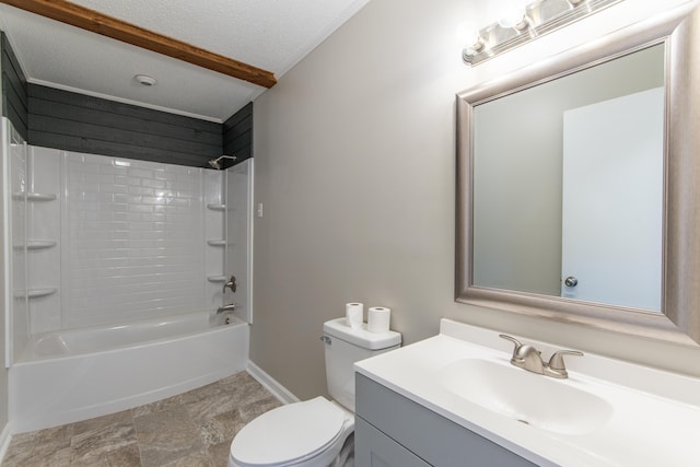 full bathroom with vanity, shower / bathing tub combination, a textured ceiling, and toilet