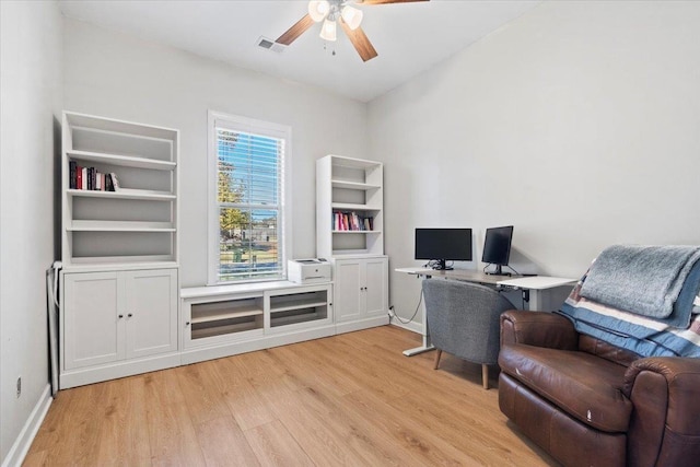 office space featuring ceiling fan and light wood-type flooring